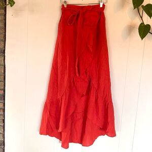Linen Red Western Wrap Maxi Skirt - Women's Skirt
